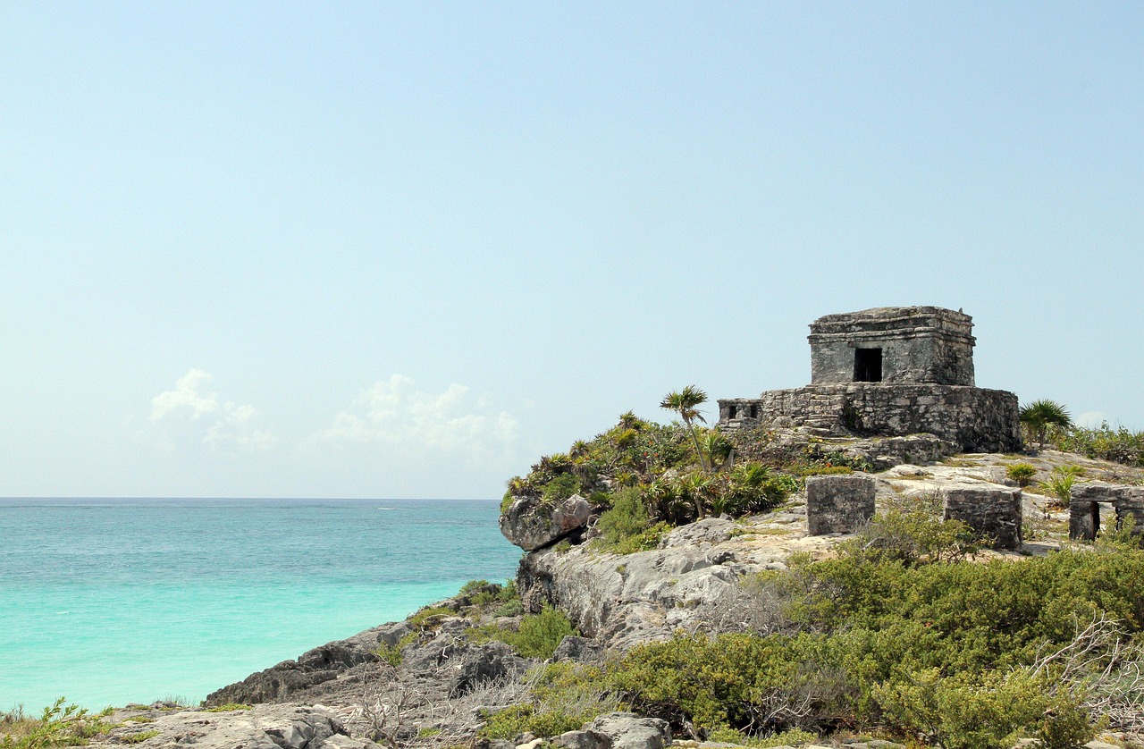tulum, mexico, ancient ruins, shore, stone, ocean, transparent, water, mayan, yucatan, history, travel, caribbean, riviera, sea, sky, tropical, blue, temple, landmark, nature, architecture, archeology, old, tourism, site, mexican, blue sky, exotic, culture
